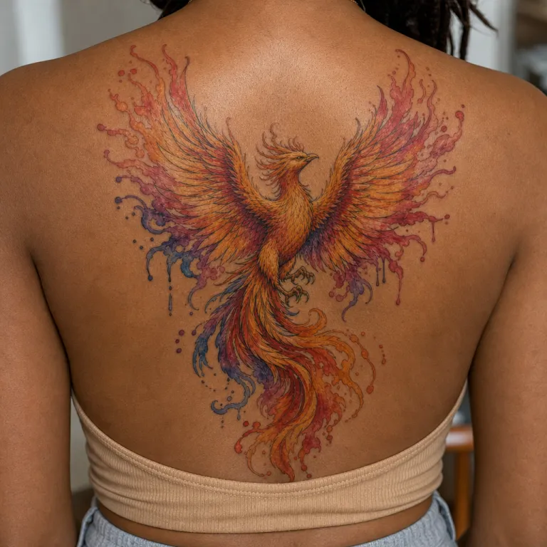 Tatouage phénix aquarelle en haut du dos d'une femme