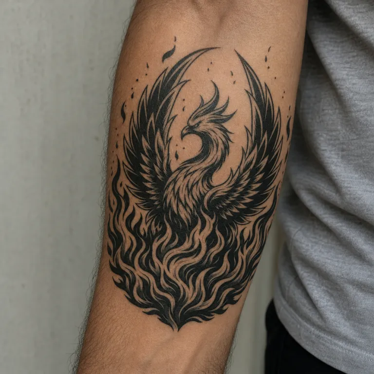 Tatouage phénix blackwork sur l'avant-bras d'un homme