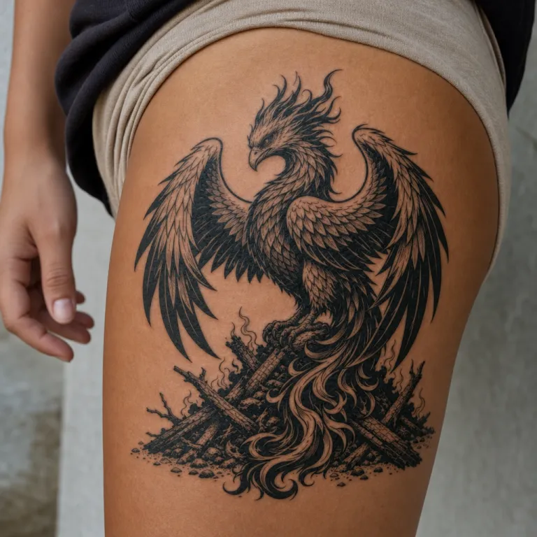 Tatouage phénix blackwork sur la cuisse d'une femme