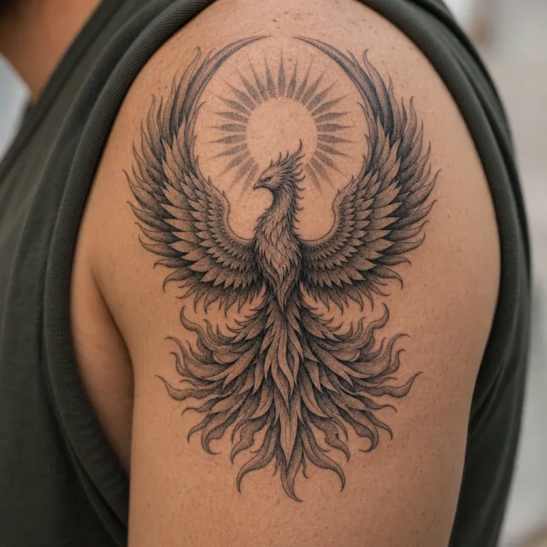 Tatouage phénix dotwork sur l'épaule d'un homme