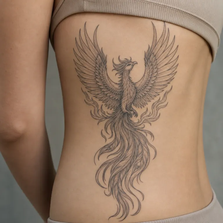 Tatouage phénix fine line sur les côtes d'une femme