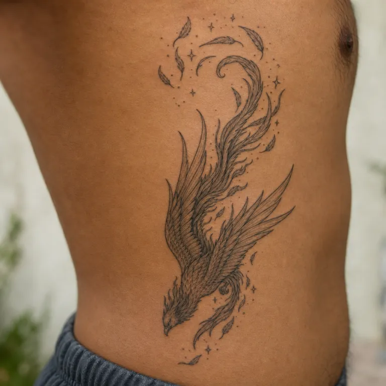 Tatouage phénix fine line sur les côtes d'un homme