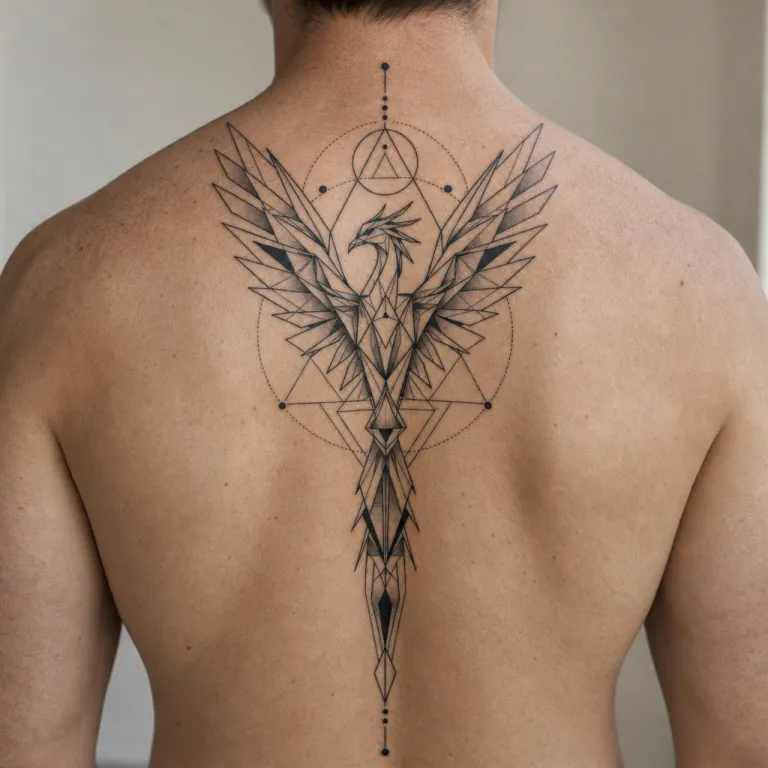 Tatouage phénix géométrique le long de la colonne vertébrale d'un homme