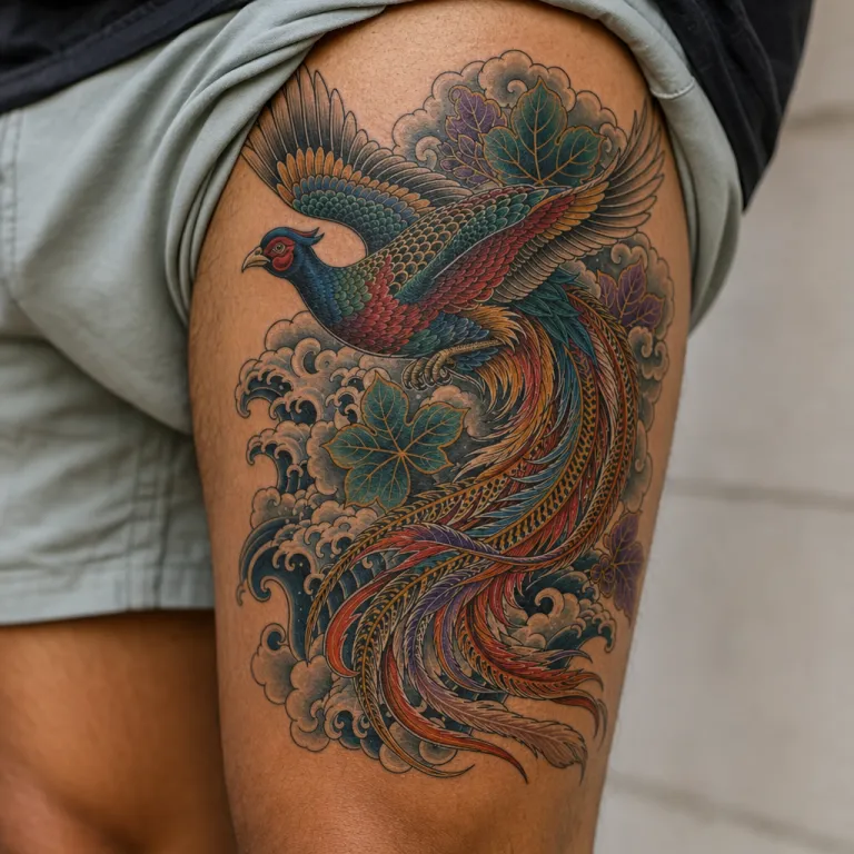 Tatouage phénix de style japonais sur la cuisse d'un homme
