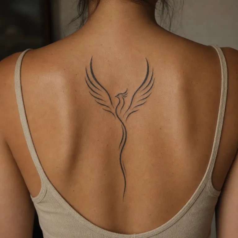 Tatouage phénix minimaliste le long de la colonne vertébrale d'une femme