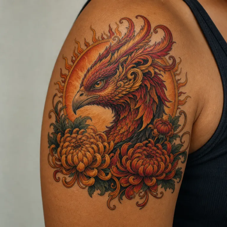 Tatouage phénix néo-traditionnel sur l'épaule d'une femme