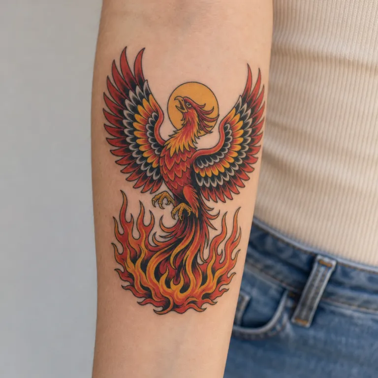 Tatouage phénix old school sur l'avant-bras d'une femme