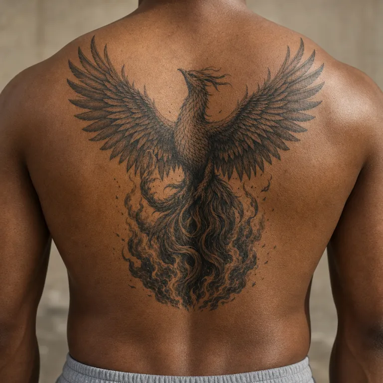 Tatouage phénix réaliste en haut du dos d'un homme