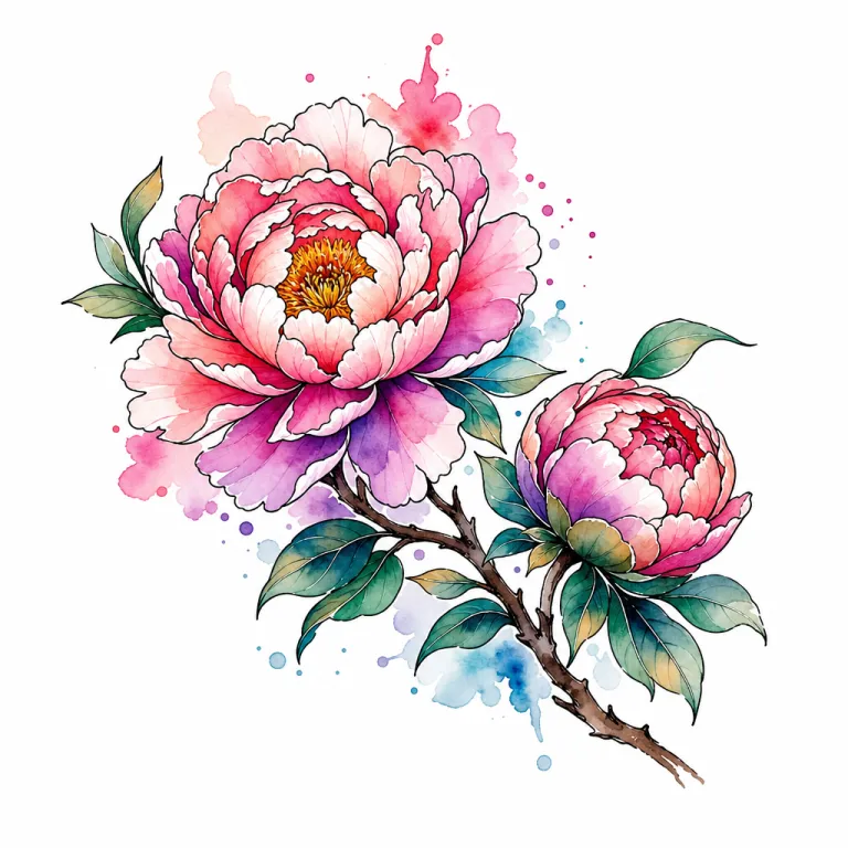 Tatouage de deux pivoines aquarelle, l'une ouverte et l'autre à demi, sur une branche en diagonale