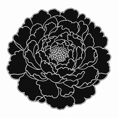 Tatouage pivoine blackwork vue de dessus, pétales superposés en noir plein
