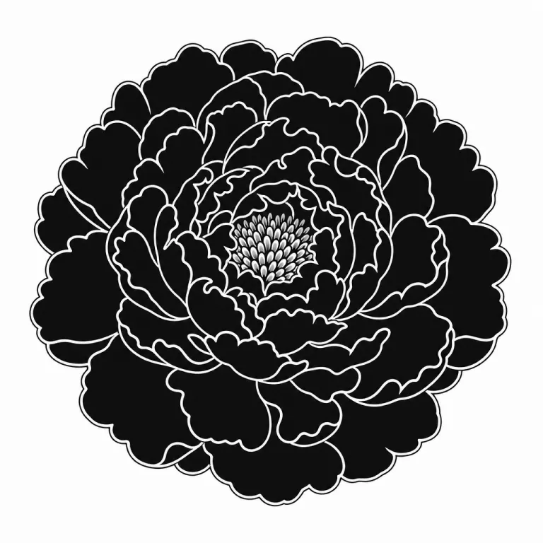Tatouage pivoine blackwork vue de dessus, pétales superposés en noir plein