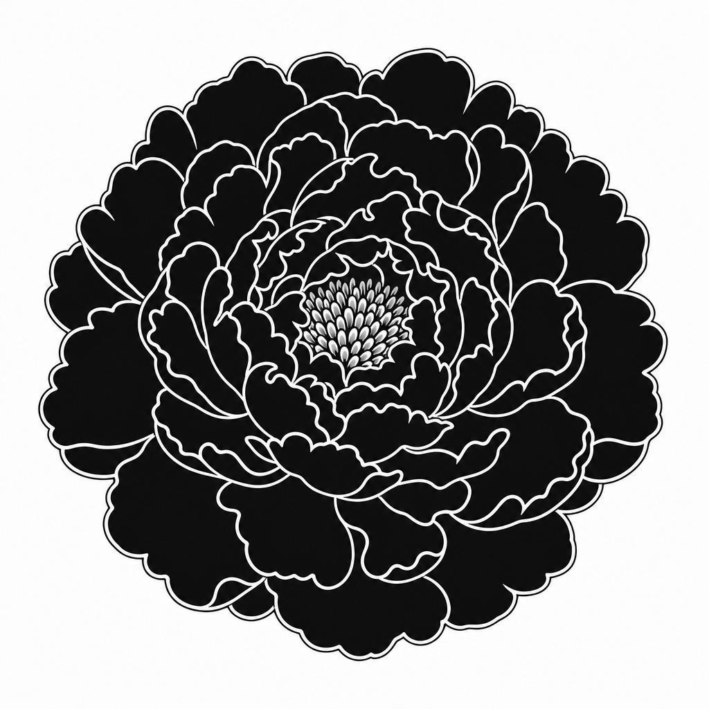 Tatouage pivoine blackwork vue de dessus, pétales superposés en noir plein
