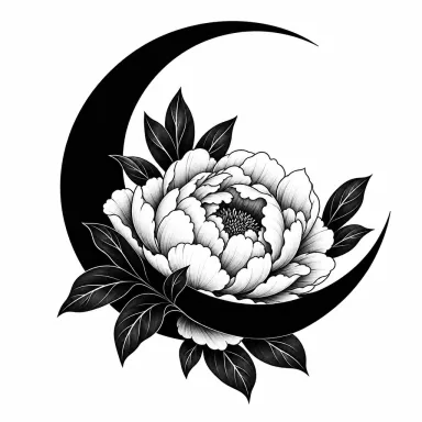 Tatouage pivoine blackwork nichée dans un croissant de lune, avec des feuilles sombres