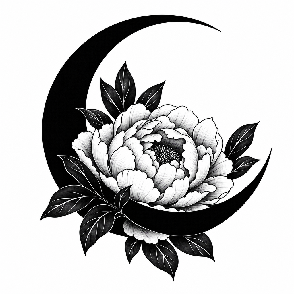 Tatouage pivoine blackwork nichée dans un croissant de lune, avec des feuilles sombres