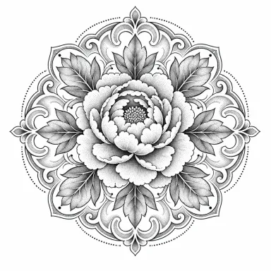 Tatouage pivoine dotwork au centre d'un médaillon ornemental, feuilles rayonnant autour