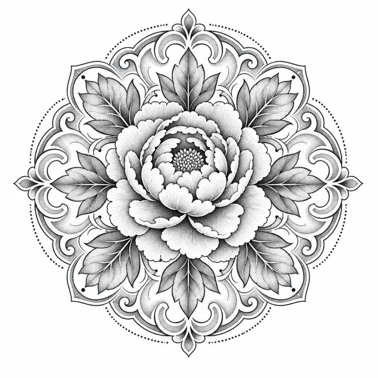 Tatouage pivoine dotwork au centre d'un médaillon ornemental, feuilles rayonnant autour