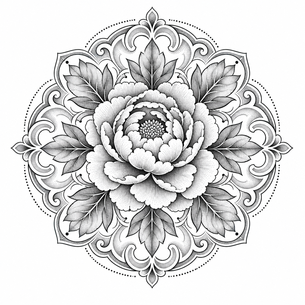 Tatouage pivoine dotwork au centre d'un médaillon ornemental, feuilles rayonnant autour