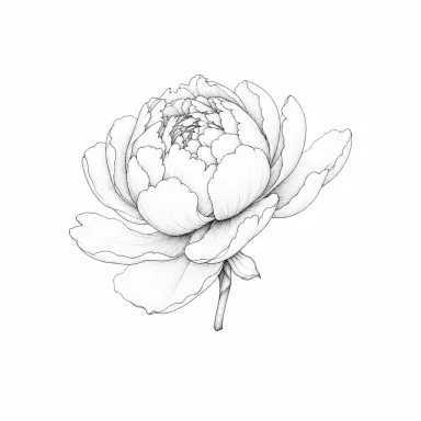 Tatouage pivoine fine line à demi ouverte, vue de profil, sur une tige très courte