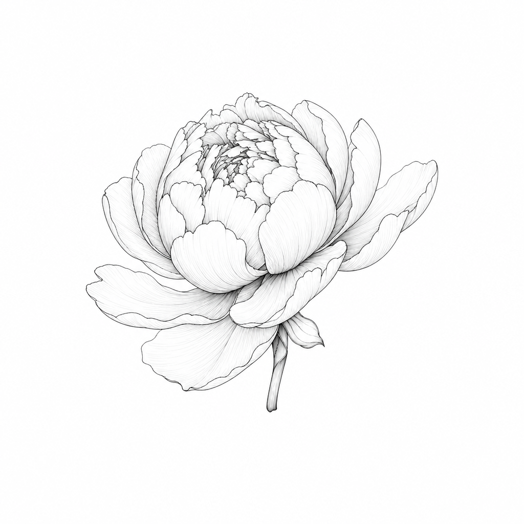 Tatouage pivoine fine line à demi ouverte, vue de profil, sur une tige très courte