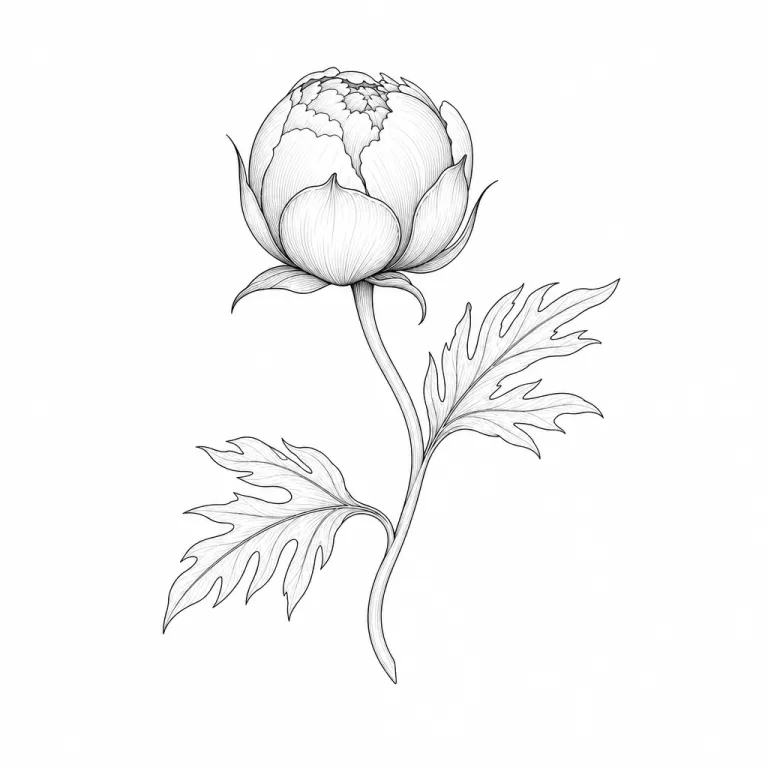 Tatouage pivoine fine line : un bouton sur une tige courbe, avec deux feuilles découpées