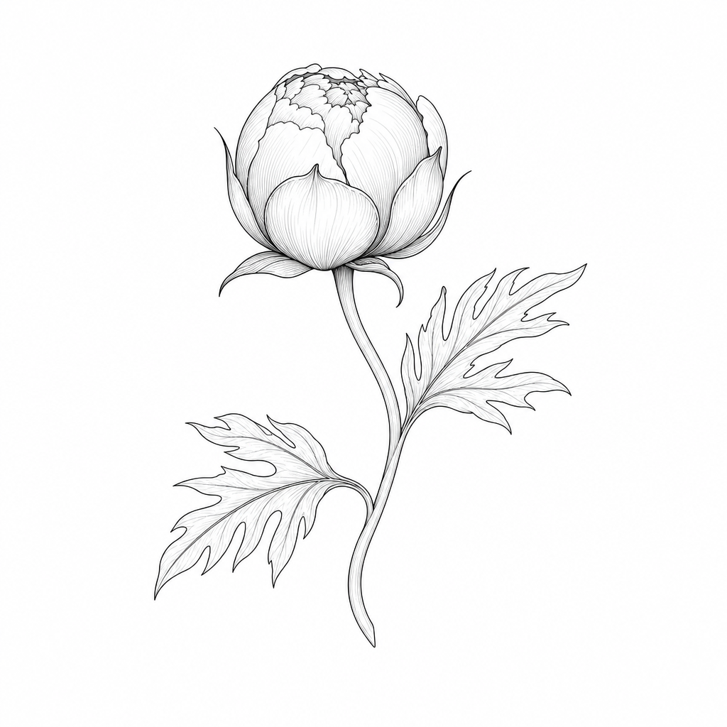Tatouage pivoine fine line : un bouton sur une tige courbe, avec deux feuilles découpées