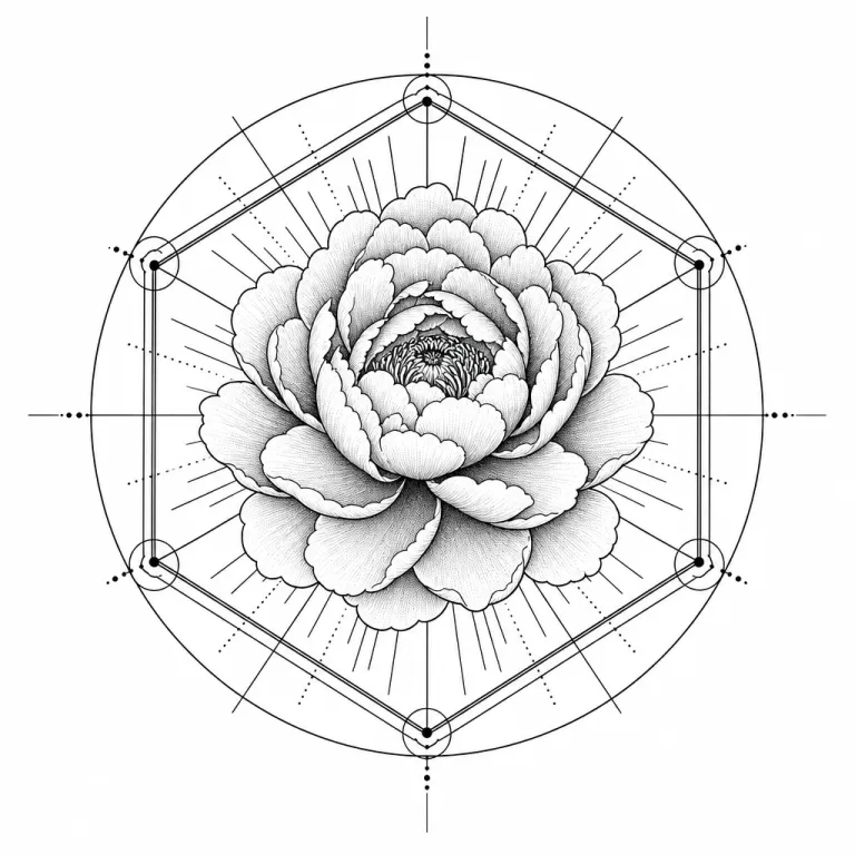 Tatouage pivoine géométrique dans un cercle et un hexagone, lignes droites qui rayonnent