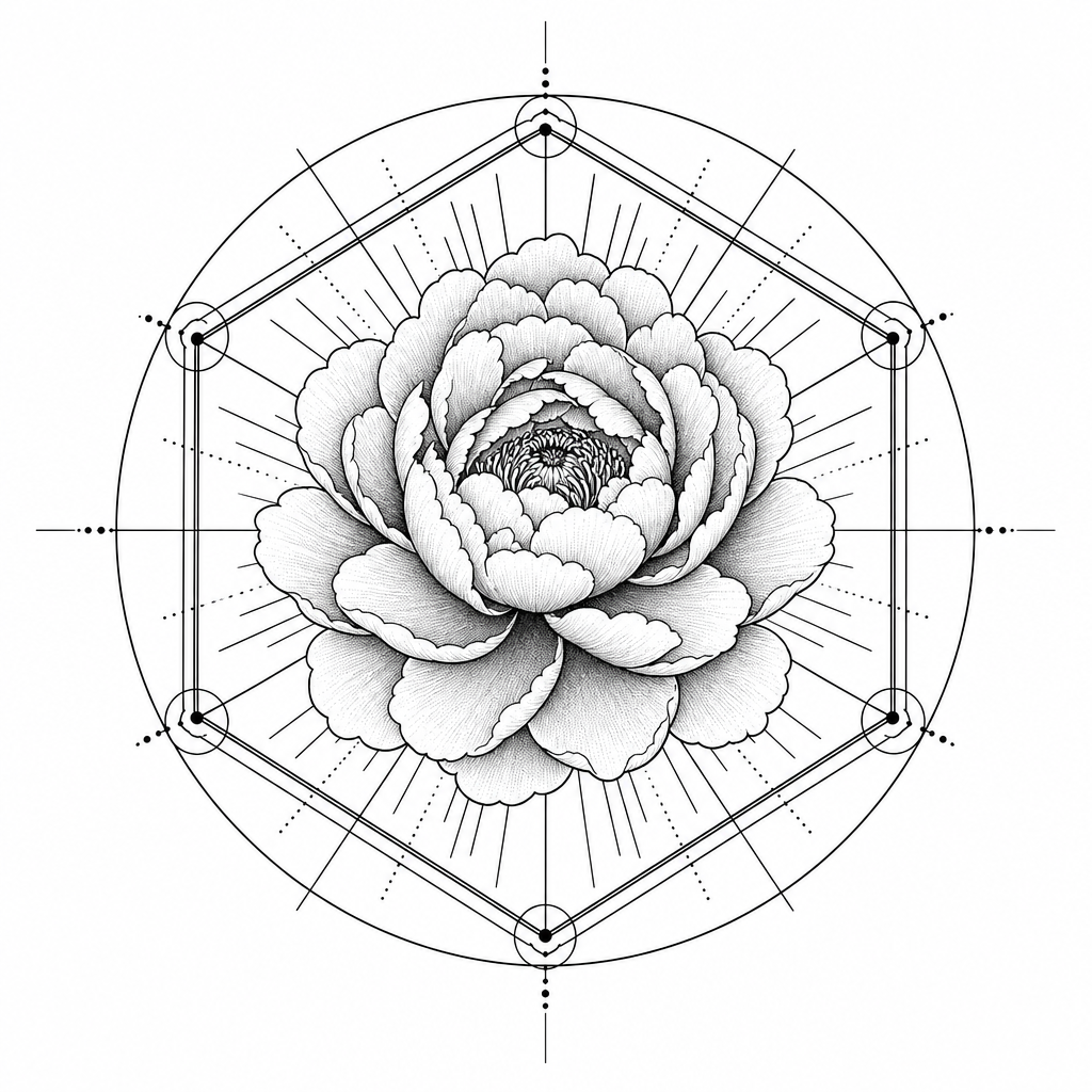 Tatouage pivoine géométrique dans un cercle et un hexagone, lignes droites qui rayonnent