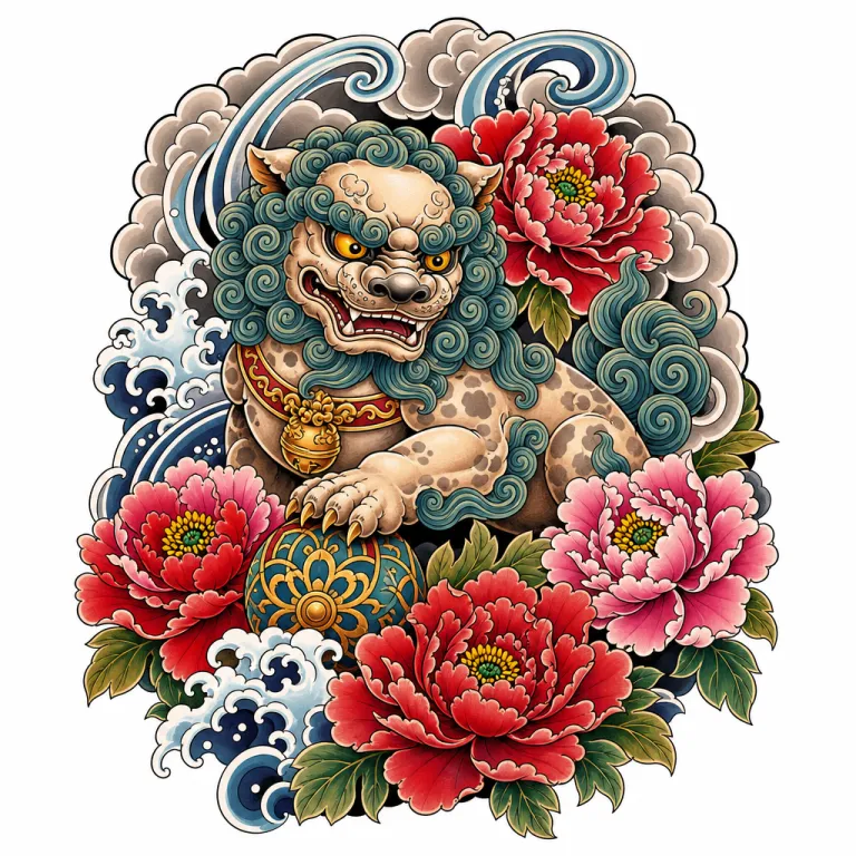 Tatouage pivoine de style japonais : un lion-gardien parmi de grandes pivoines, vent et nuages