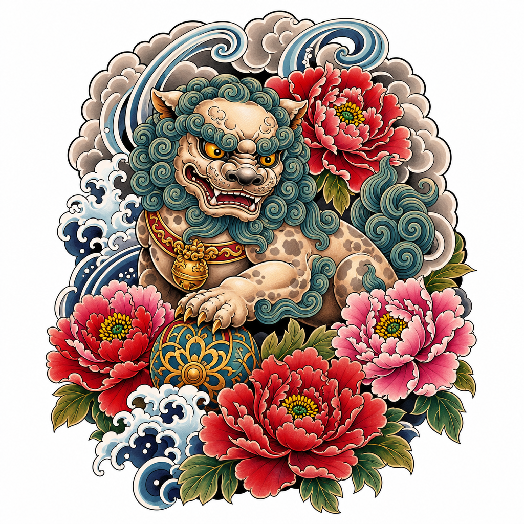 Tatouage pivoine de style japonais : un lion-gardien parmi de grandes pivoines, vent et nuages