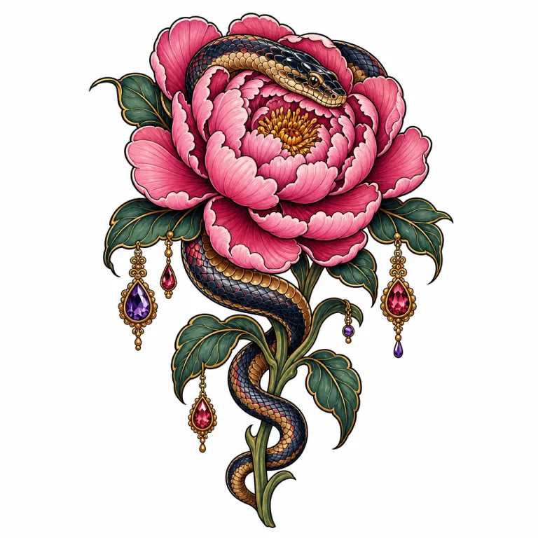 Tatouage pivoine néo-traditionnel avec un serpent enroulé autour de la tige, ornée de bijoux