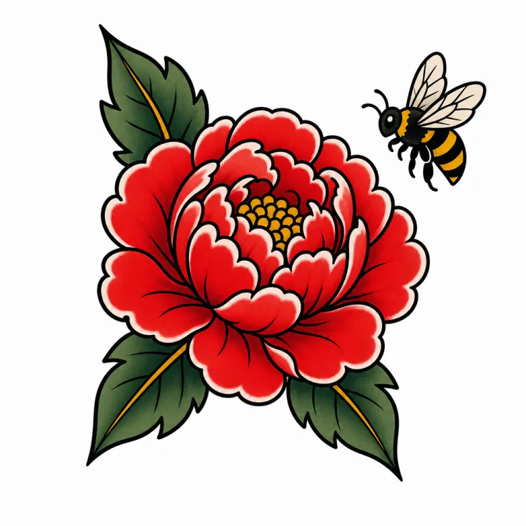 Tatouage pivoine old school aux larges pétales, avec une abeille qui vole à côté