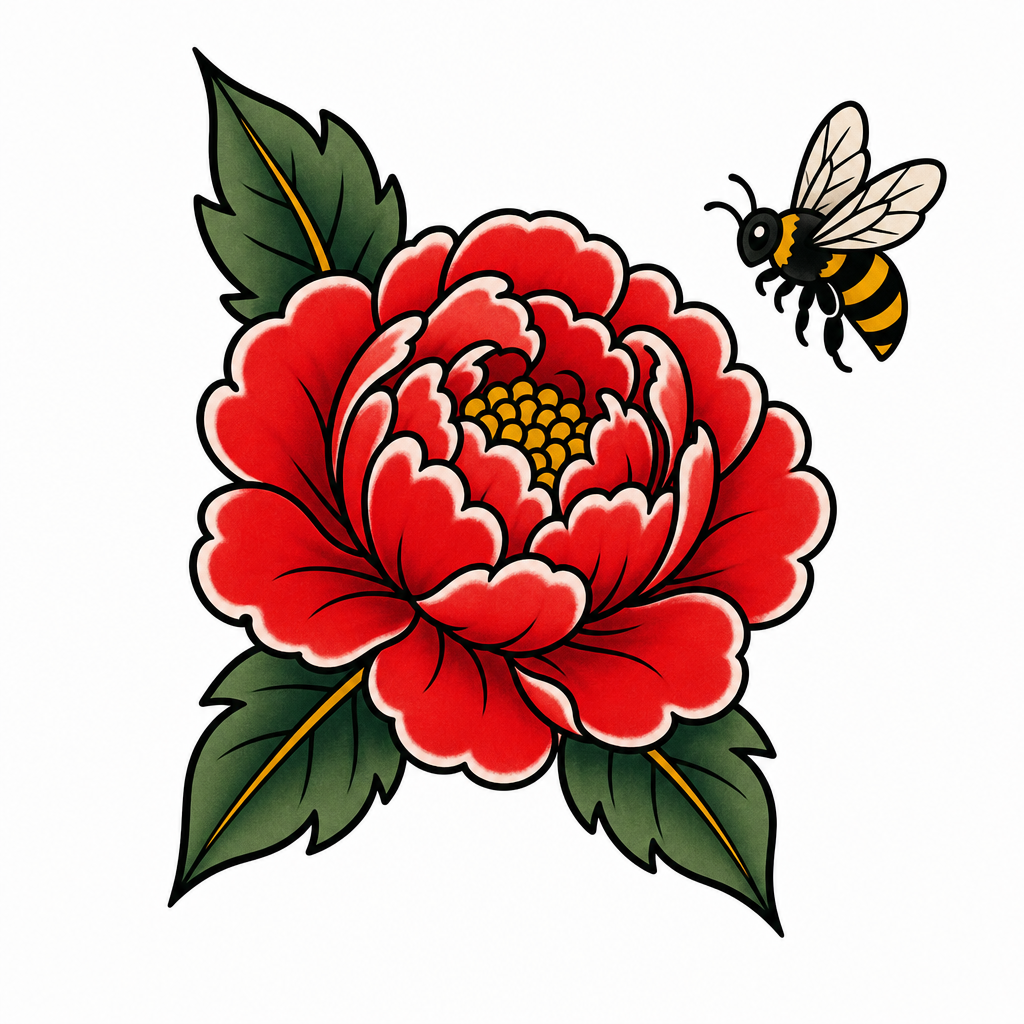 Tatouage pivoine old school aux larges pétales, avec une abeille qui vole à côté