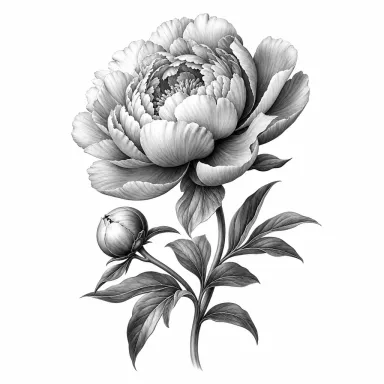 Tatouage pivoine réaliste de trois quarts, pétales froissés, un bouton et des feuilles en dessous