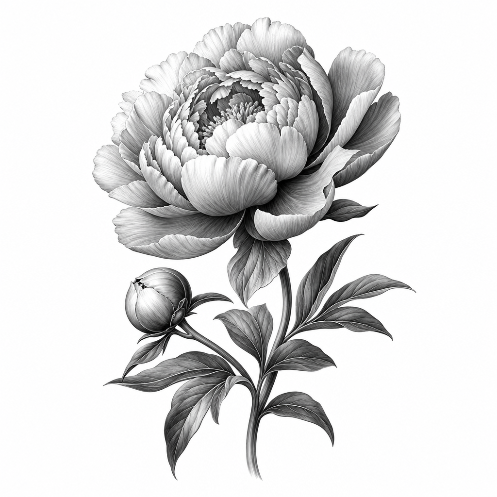 Tatouage pivoine réaliste de trois quarts, pétales froissés, un bouton et des feuilles en dessous