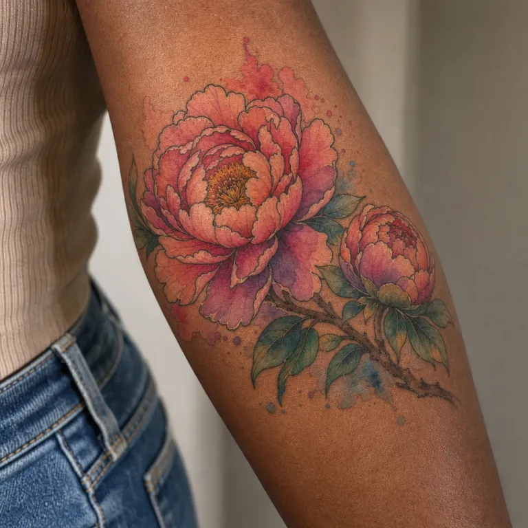 Tatouage de deux pivoines aquarelle sur l'avant-bras d'une femme