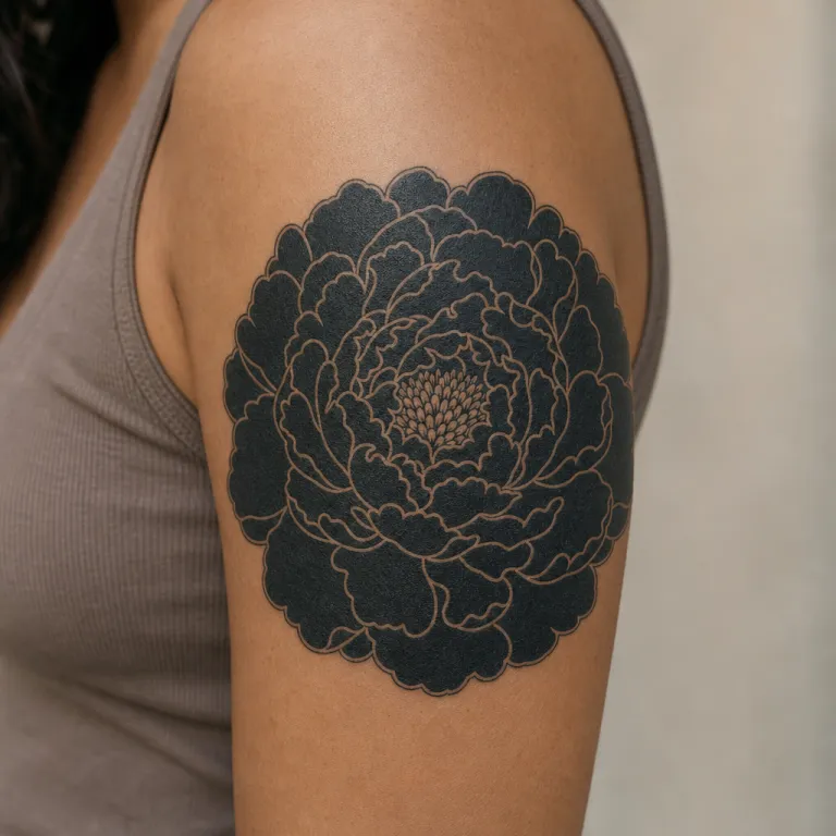 Tatouage pivoine blackwork sur le haut du bras d'une femme