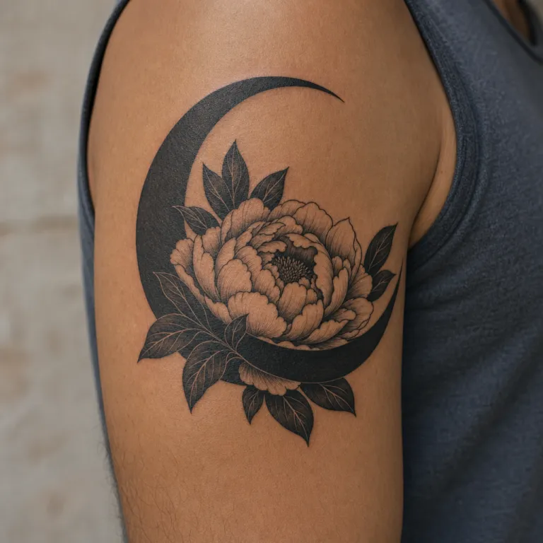 Tatouage pivoine blackwork sur le haut du bras d'un homme