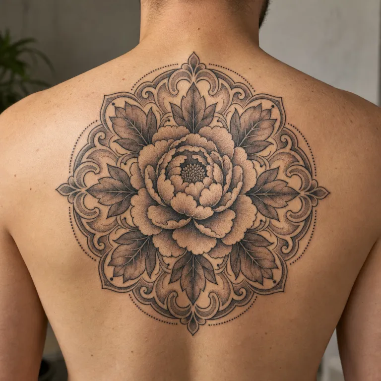 Tatouage pivoine dotwork en haut du dos d'un homme