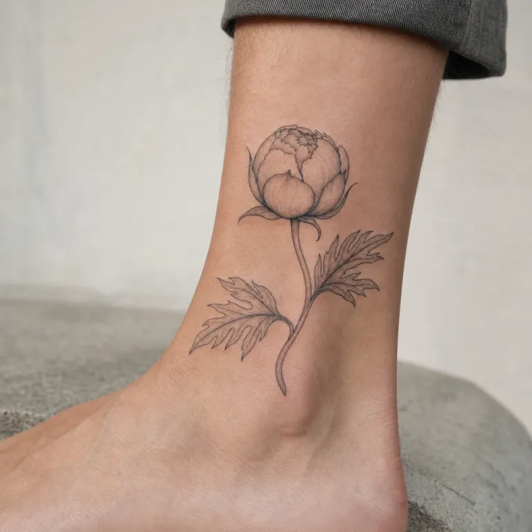Tatouage pivoine fine line sur la cheville d'un homme