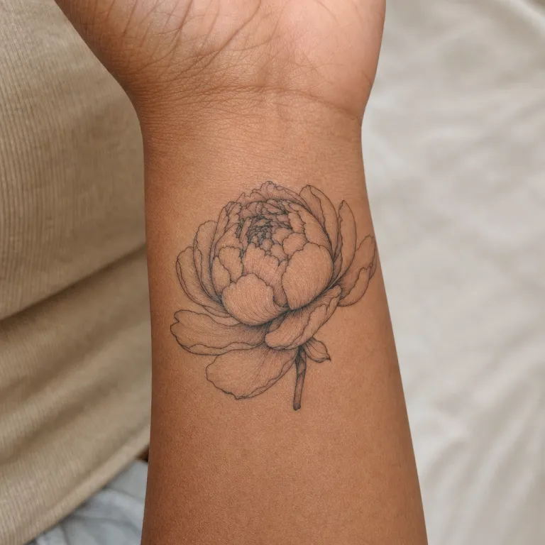 Tatouage pivoine fine line à l'intérieur du poignet d'une femme