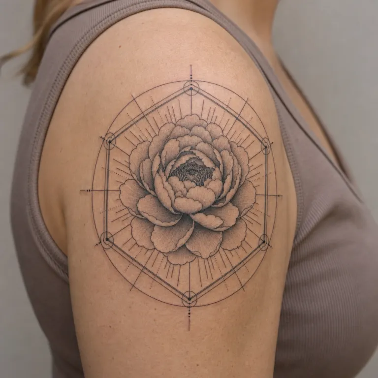 Tatouage pivoine géométrique sur l'épaule d'une femme