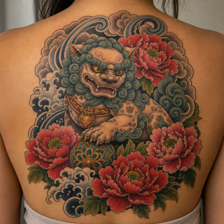 Tatouage pivoine de style japonais en haut du dos d'une femme