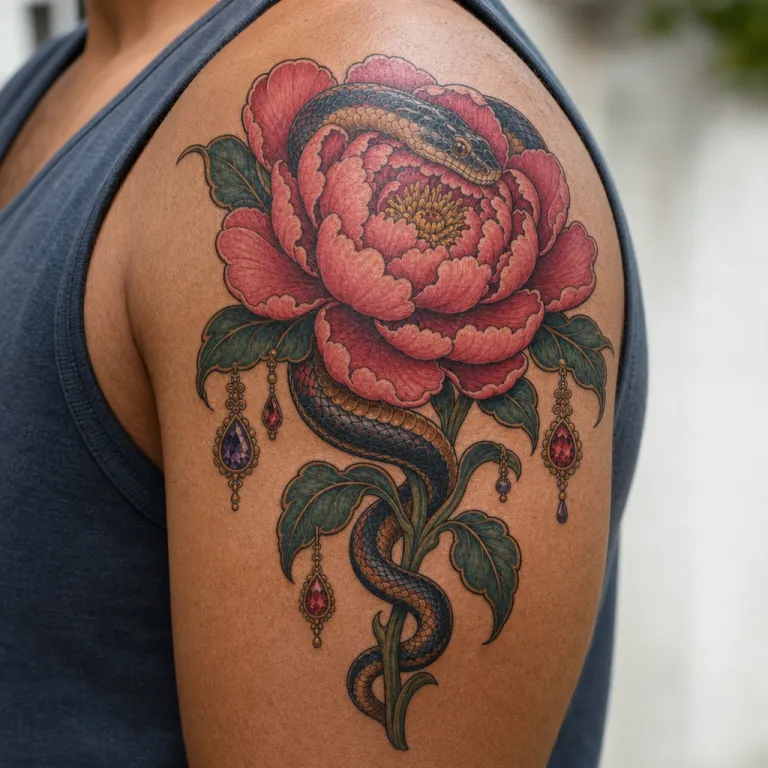 Tatouage pivoine néo-traditionnel sur l'épaule d'un homme