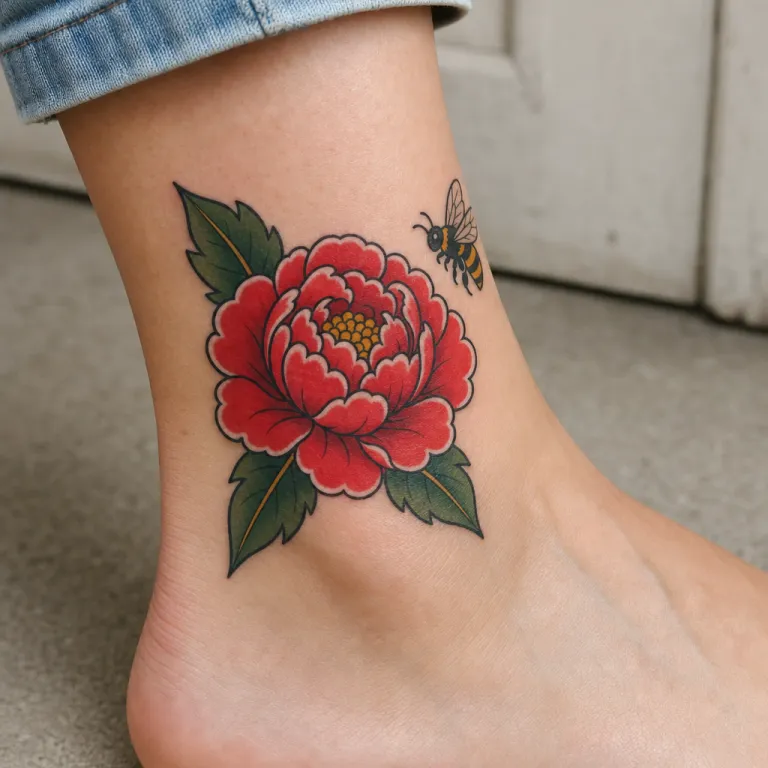 Tatouage pivoine old school sur la cheville d'une femme