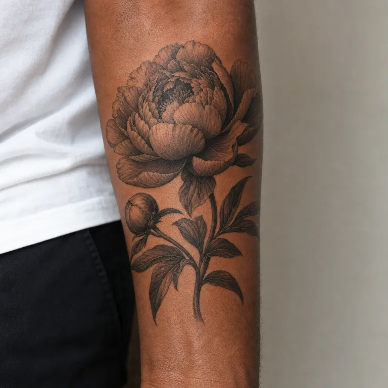 Tatouage pivoine réaliste sur l'avant-bras d'un homme