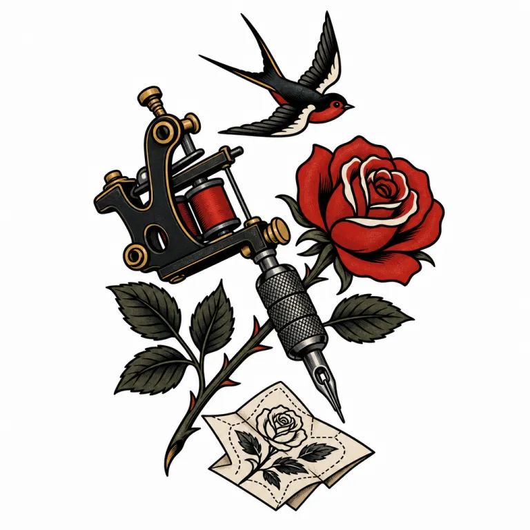 Illustration façon flash : une machine à tatouer croisée avec une rose, une hirondelle au-dessus