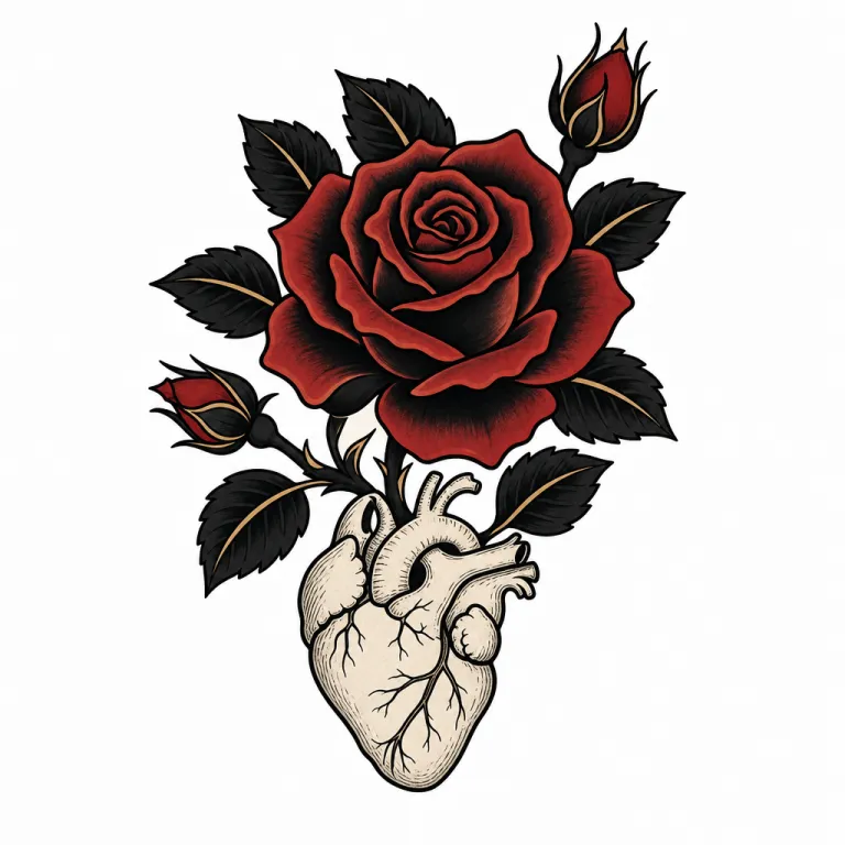 Illustration façon flash : une grande rose sombre qui s'épanouit par-dessus le contour pâle d'un petit cœur