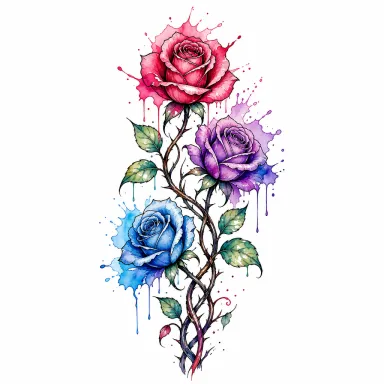 Tatouage de trois roses aquarelle aux tiges entremêlées, pétales qui se fondent en coulures