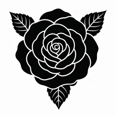 Tatouage rose blackwork vue de dessus, pétales noirs pleins séparés de fines lignes claires