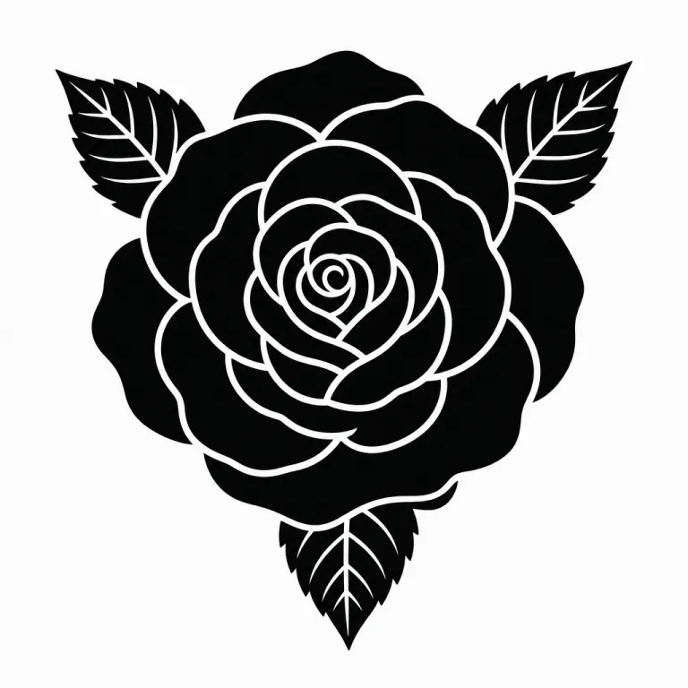 Tatouage rose blackwork vue de dessus, pétales noirs pleins séparés de fines lignes claires
